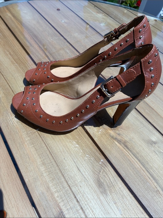 Coach Shoes - Coach Billie Women's Brown Studded Peep-Toe Heels with Buckle Strap